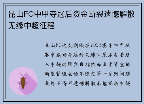 昆山FC中甲夺冠后资金断裂遗憾解散无缘中超征程